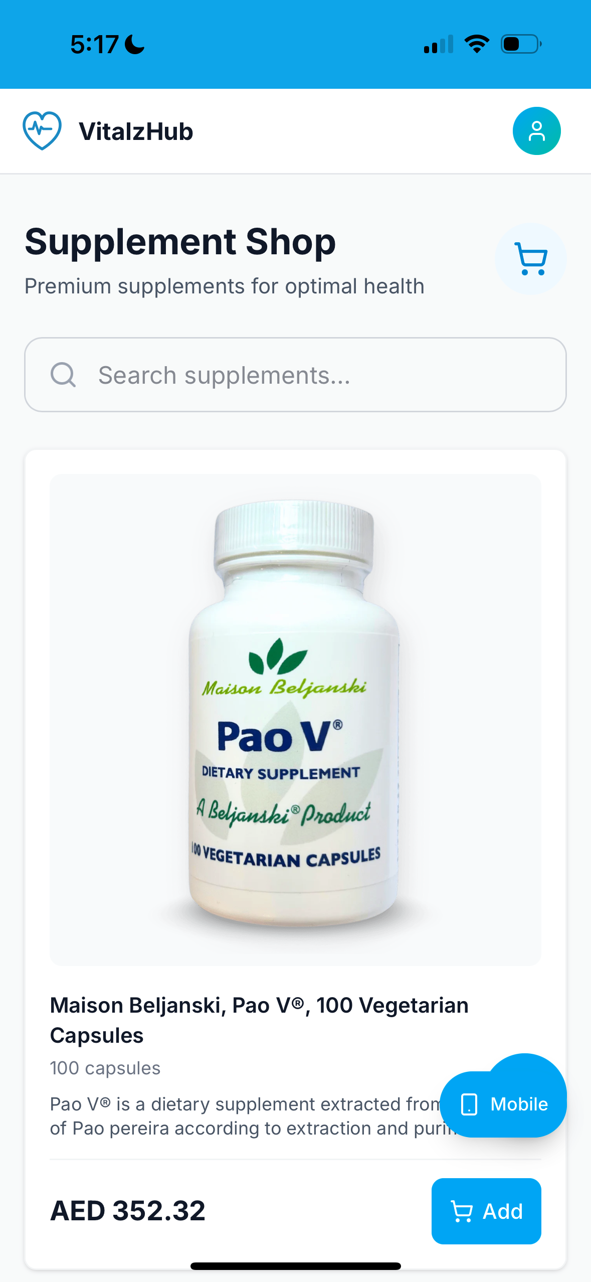 Supplement shop inside the app